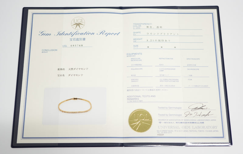 ダイヤモンドテニスブレスレット ストレート K18枠 幅3.4mm 20cm トータル5.21ct カラー:G〜H クラリティ:VS-2〜SI-1 カット:VG ※ダイヤモンドのグレードは目安となります※