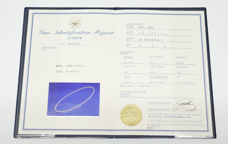 ダイヤモンドテニスネックレス ストレート Pt900枠 Pt850(金具部分一部) 幅3.1mm 50cm トータル10.00ct カラー:G〜H クラリティ:VS-2〜SI-1 カット:VG ※ダイヤモンドのグレードは目安となります※